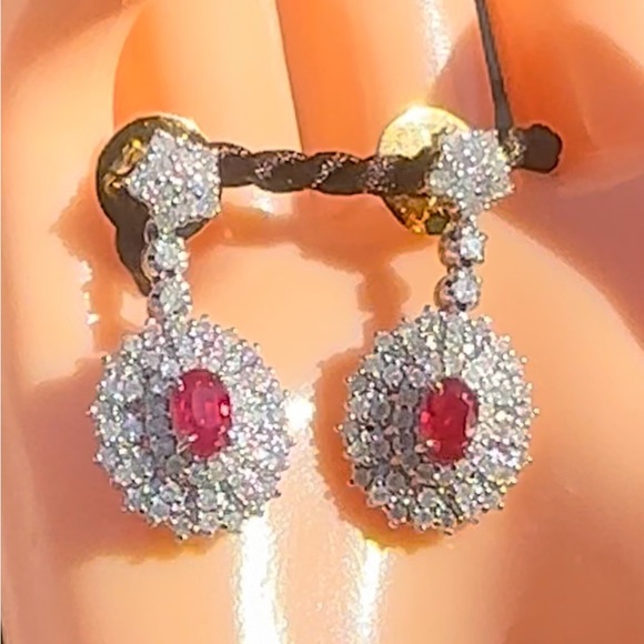 Natural Burmese Ruby and Diamond Earrings in 18 k solid gold ⭐️New⭐️ - Picture 7 of 12